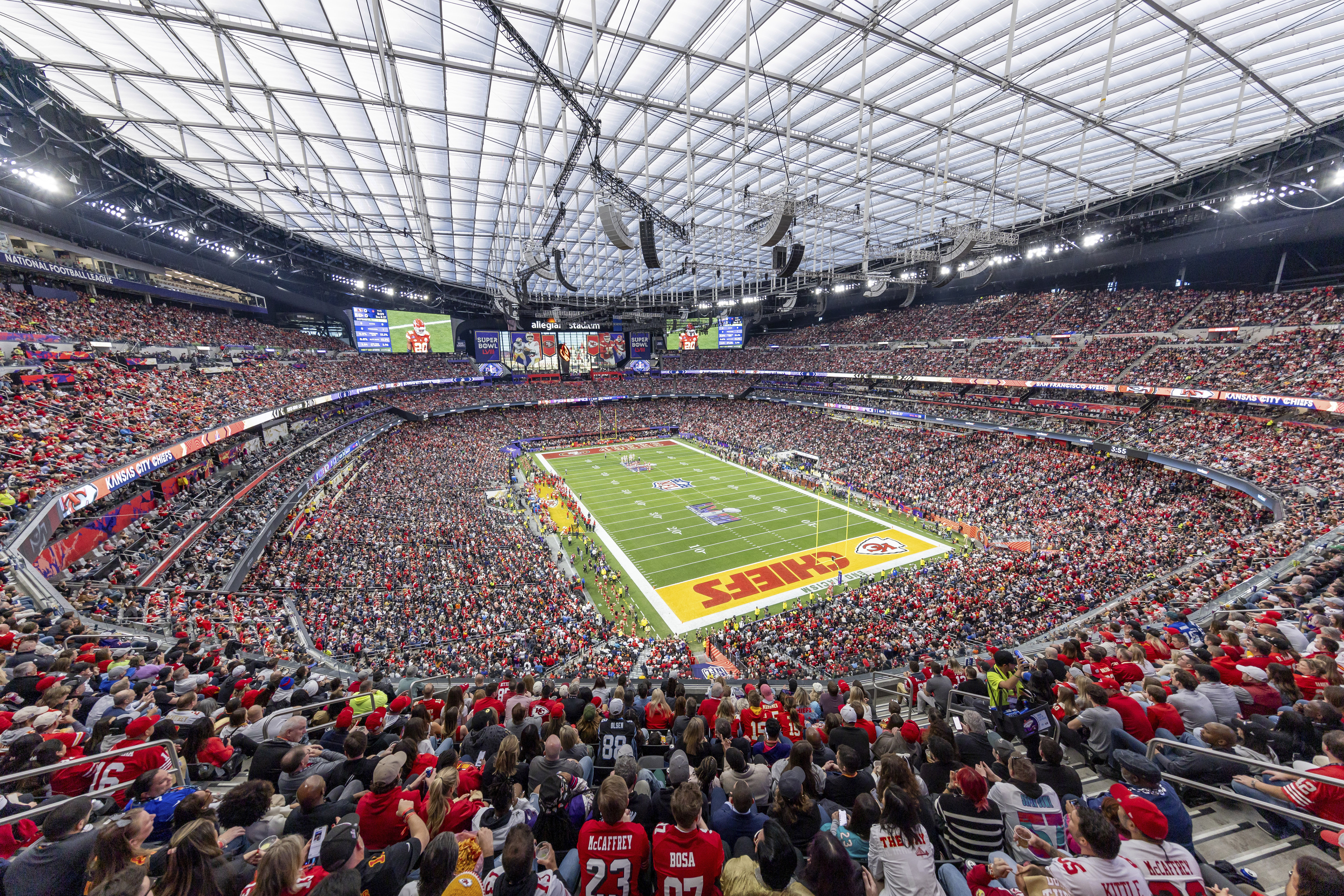 FILE - General view inside of Allegiant Stadium as the San Francisco 49ers play against the Kansas City Chiefs in NFL Super Bowl 58 game, Sunday, Feb. 11, 2024, in Las Vegas. When deciding whether to try to expand its impact to the United States, Australia's National Rugby League used a distinctly American sport as a model. A doubleheader Saturday night, March 2, 2024, at Las Vegas' Allegiant Stadium, which hosted the Super Bowl on Feb. 11, will be televised nationally in the U.S. on FS1(AP Photo/Jeff Lewis, File)